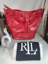 Image of Lauren Ralph Lauren Leather Large Holiday Red Andie Drawstring Bucket Bag