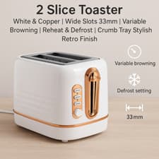 Image of 2 Slice Toaster - White & Copper | Wide Slots 33mm | Variable Browning | Reheat