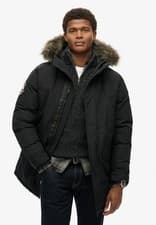 Image of Superdry Parka Jacket Hooded Padded Winter Coat Faux Fur Hood Everest Black