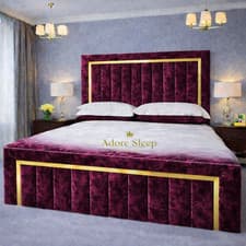 Image of Modern Crushed Velvet Lined Panel Bed With Gold Strip Mattress+ Storage Option