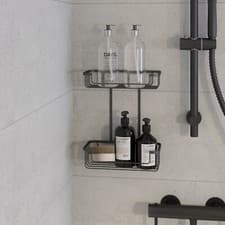 Image of Croydex Black Shower Caddy 2 Tier Screw to Wall Bathroom Caddy Cosmetic Basket