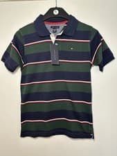 Image of Tommy Hilfiger Boys Genuine Polo Shirt Green Navy Stripe 8-10 Years RRP £30.00.