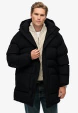 Image of Superdry Longline Parka Jacket Hooded Padded Winter Coat XPD Baffle Parka Black