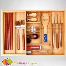 Image of Double Layer Bamboo Cutlery Drawer Organiser with Sliding Tray & Knife Block