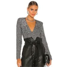 Image of Bardot Siren Silver Sequin Long Sleeve Deep V Bodysuit XS