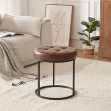 Image of Modern Faux Leather Round Ottoman Stool Vanity Stool Button Tufted Metal Base