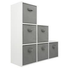 Image of White 3 Tier 6 Cube Storage Bookcase Shelf Display Unit Grey Fabric Shelving Box