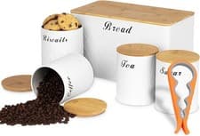 Image of ATEK Bread Bin and Canisters Set 5 Piece Cream Kitchen Storage Tins with Bamboo
