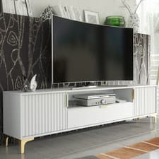 Image of 200cm TV Unit – Fluted Fronts, 2 Doors, Drawer, Gold Legs & Handles, Modern Luxe