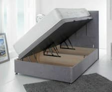 Image of Plush Velvet Upholstered Gas Lift Up Ottoman Storage Bed Frame Base + Headboard