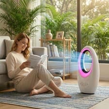 Image of Bladeless Tower Fan with 60° Oscillating, LED Lights and 3 Speeds, White