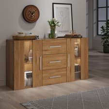 Image of Modern Oak Sideboard TV Unit Buffet Cabinet Cupboard 3 Drawers 2 Doors with LED