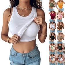 Image of Ladies Summer Vest Cami with Built in Shelf Bra Tank Top Ribbed Strechy T Shirts