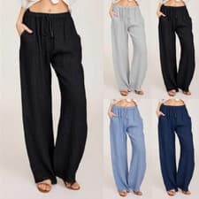 Image of Womens Cotton Linen Wide Leg Pants Ladies Elasticated Waist Casual Trousers UK
