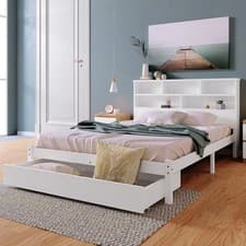 Image of Double Bed Frame, White 4ft6 Wooden Storage Bed with Shelves and Underbed Drawer