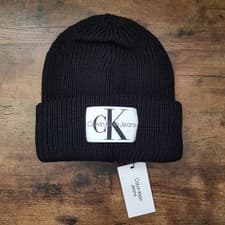 Image of Calvin Klein Jeans Mono Monogram Beanie Logo Patch One Size Black Beauty Wool-Ac