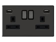 Image of Double Wall Plug Socket 2 Gang 13A with 2 USB Ports Screwless Slim Flat Plate 