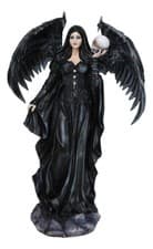 Image of Gothic Messenger Black Cloaked Fairy With Raven Wings Holding Skull Figurine