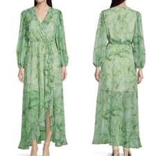 Image of Alex Marie NWT Maxi Dress Green Palm Leaf Print Long Sleeve Faux Wrap Size 24