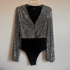 Image of Bardot Sequin Wrap Bodysuit Size S US 4 Silver Black Longsleeves Party Sequined