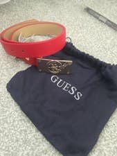 Image of Guess Women’s Red Logo Buckle Belt Gold Hardware Made in Italy New without Tags.