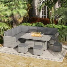 Image of 7 Pieces Rattan Garden Furniture Set w/50,000 BTU Gas Fire Pit Table Refurbished