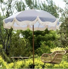 Image of Gabriel Blue and White Striped Fringed Parasol with Tilt & Heavy Duty Base