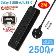 Image of 3 Gang Way UK Mains Plug USB Power Extension Lead Cable Electricity Cord 2 3 5 M