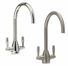 Image of New Kitchen Tap Monobloc Round Sink Mixer Twin Lever Handle Chrome Brushed Steel