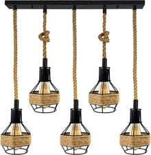 Image of Vintage Industrial Pendant Light Hemp Rope Metal Cage Ceiling Lamp E27