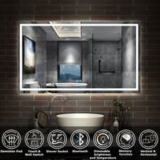 Image of Bluetooth Bathroom Mirror With Led Lights Shaver Socket Demister Large Size