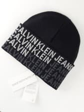 Image of CALVIN KLEIN JEANS BEANIE HAT BLACK/GREY CK MONO ONE SIZE RRP £48