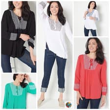 Image of Susan Graver Embroidered Crinkle Blouse Gauze Peasant Tunic Size XS or XXS *NEW*