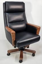 Image of Black Genuine Leather Executive Office Chair with Real Wood Veneer Arms