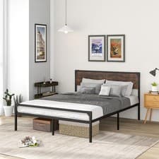 Image of King Bed Frame Industrial Metal Platform Bed w/ Headboard & Footboard