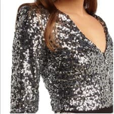 Image of Nwt Bardot Sequin Silver Sparkly Embellished Shoulder Pad Long Sleeve Bodysuit