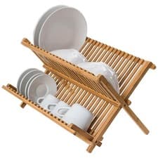 Image of Natural Bamboo Dish Drying Rack 2 Tier Folding Plate Cup Holder Kitchen Drainer