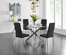 Image of NOVARA Large Round Chrome Glass Dining Table And 4/6 Faux Leather Velvet Chairs