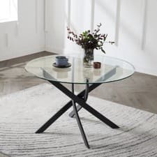 Image of Glass Round Dining Table 4-6 Seater Glass Table Dining Set Black Silver Legs