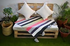 Image of Moroccan handmade cotton blanket Pom Pom blanket bedspread Handwoven Bed Cover