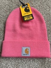Image of Carhartt Girls Youth Acrylic Watch Knit Beanie Hat Pink Logo One Size AH8905 NWT