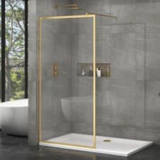 Image of Brushed Brass Walk In Wet Room Shower Screen For Enclosure 8mm Glass 1950mm Tall