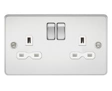 Image of Flat plate 13A 2G DP switched socket - polished chrome with white insert