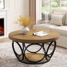 Image of Round Coffee Table, 80cm Farmhouse Large Circle Coffee Table with 2-Tier Storage