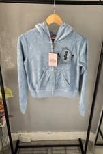 Image of New Juicy Couture Heritage Robyn Cropped Velour Hoodie Dusk Blue - Size M