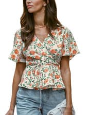 Image of V-Neck Floral Print Short Sleeve Wrap top, Side Tie Peplum White/Orange XL/16-18