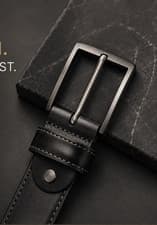 Image of Black Leather Men's Dress Belt Metal Buckle Adjustable One Size Solid Stitching