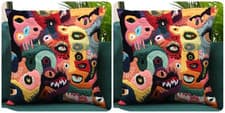 Image of SET OF 2 PRINTED PLUSH MULTI COLOURED ABSTRACT EMBROIDERED EFFECT CUSHION COVERS