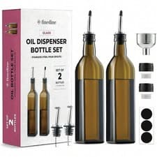 Image of Olive Oil & Vinegar Dispenser Set Amber Glass Bottles with Spouts & Labels