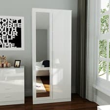 Image of High Gloss 2 Doors Mirror Wardrobe White Bedroom Furniture Storage Hanging Rail